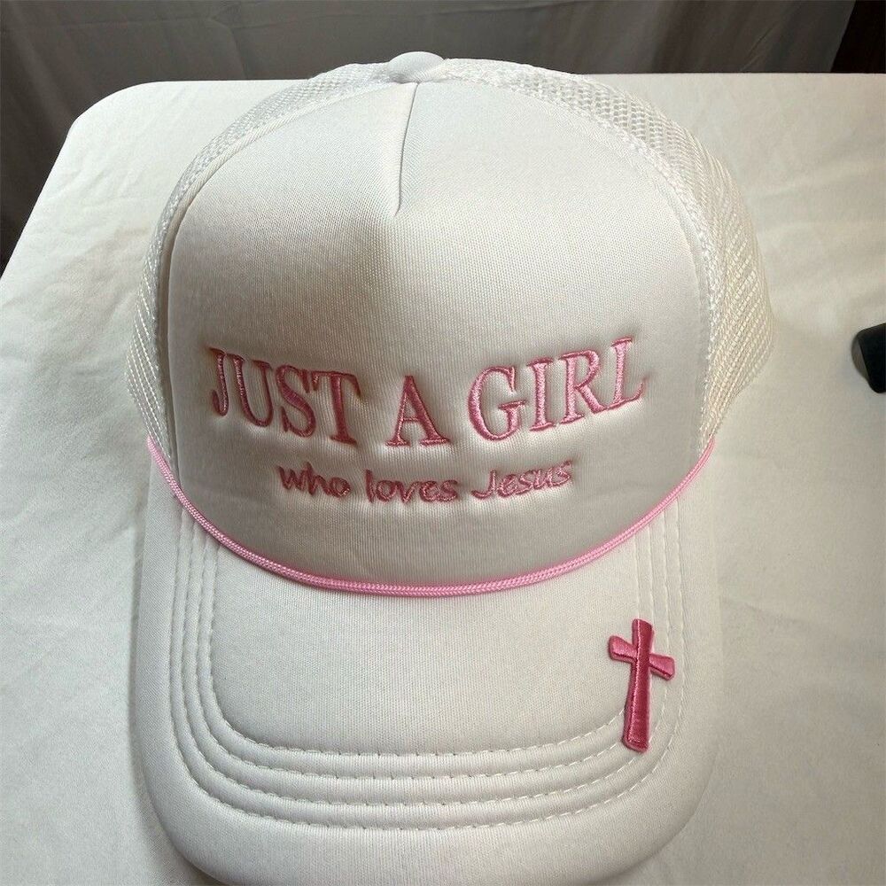 Just A Girl Who Loves Jesus Trucker Hat Womens White Pink Embroidered